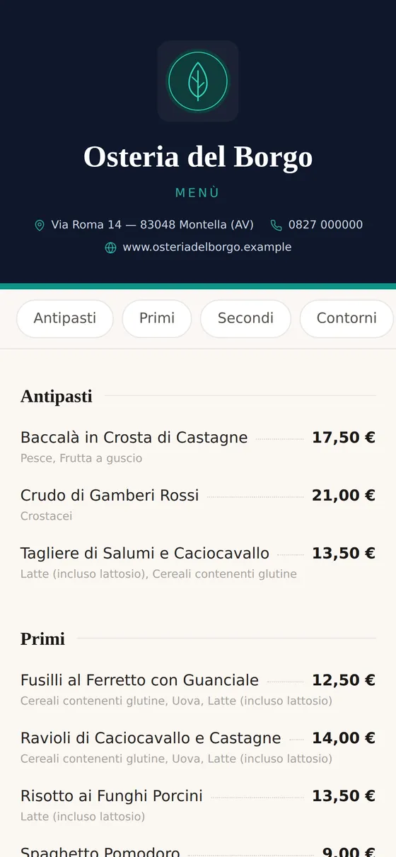 Menù digitale visto dal telefono di un cliente: piatti, prezzi e allergeni.
